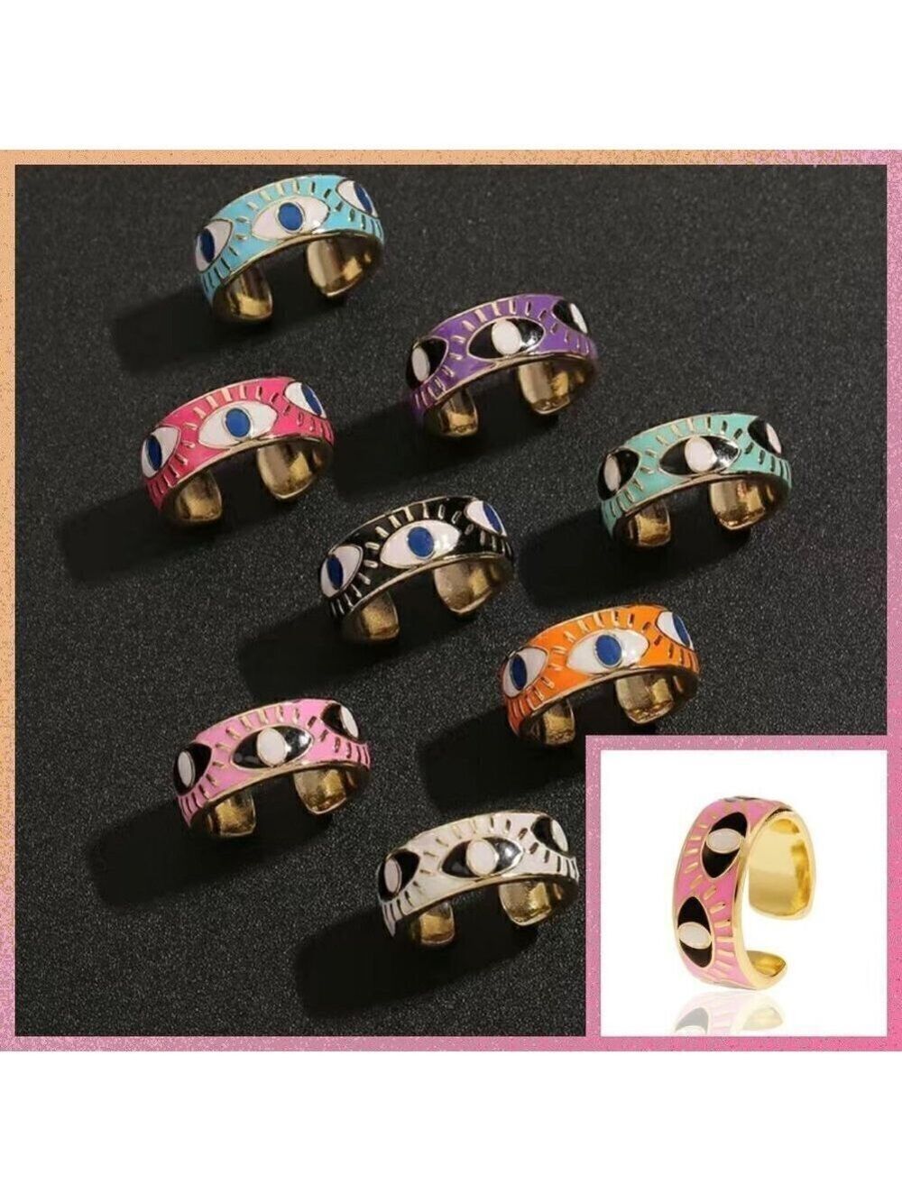Evil Eye Enamel and Copper Adjustable Ring #1209 PINK